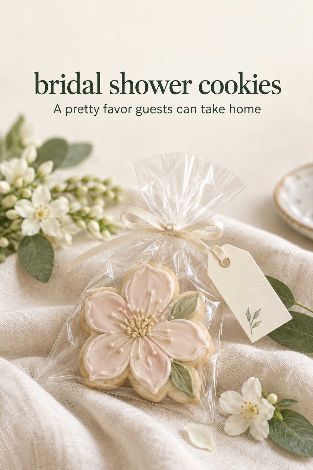 bridal shower cookies in an ivory favor bag with a floral iced cookie
