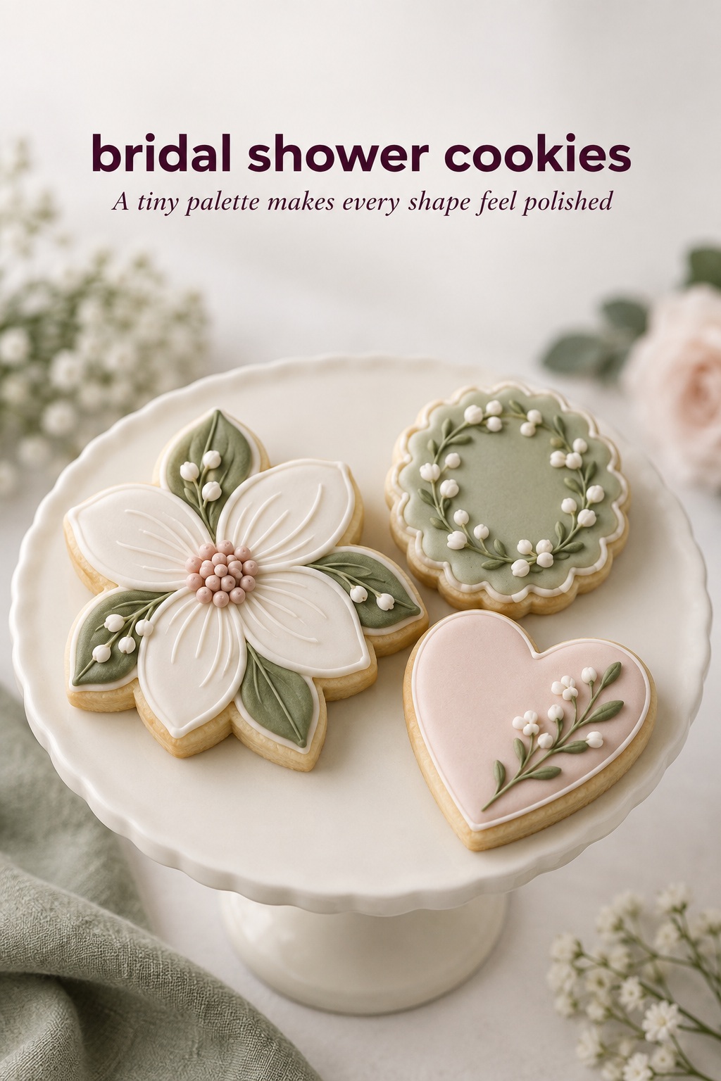 bridal shower cookies on a platter beside an easy-to-reach dessert table