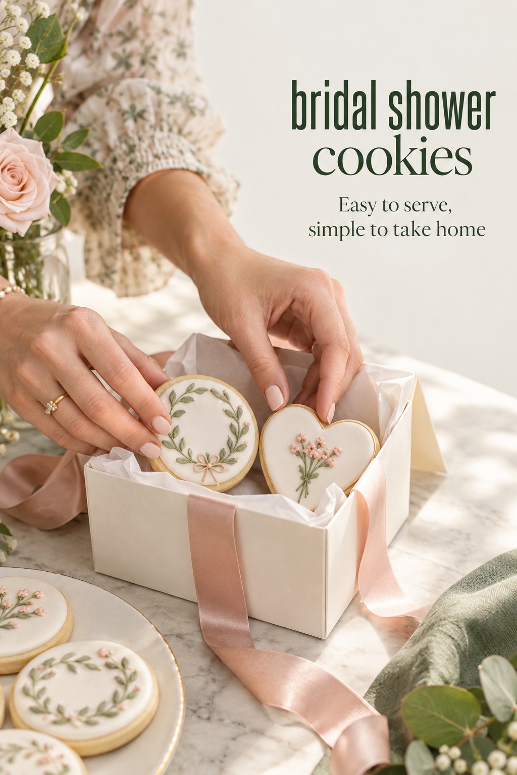 bridal shower cookies packed in an ivory favor box with blush ribbon
