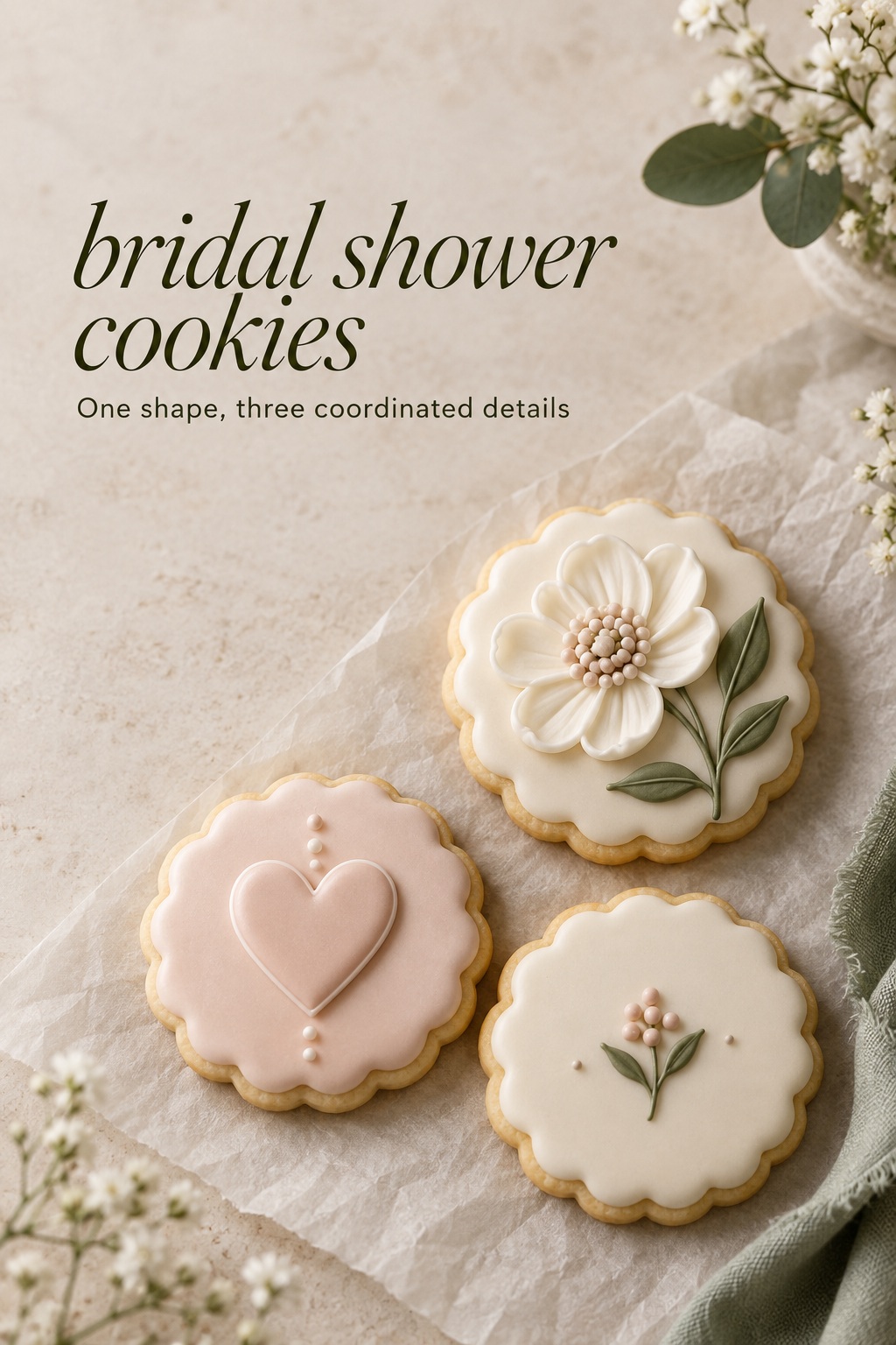 bridal shower cookies with floral, heart, and coordinated icing details