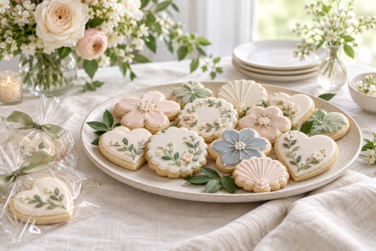 bridal shower cookies on a platter with floral and heart icing details