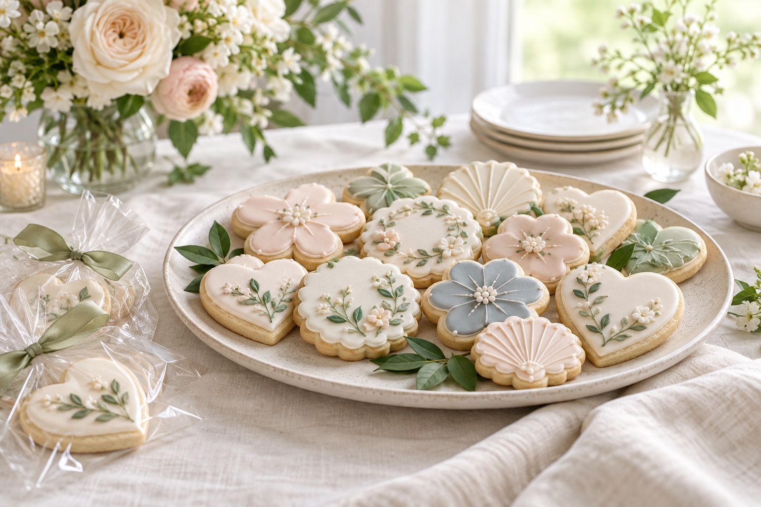 bridal shower cookies on a platter with floral and heart icing details
