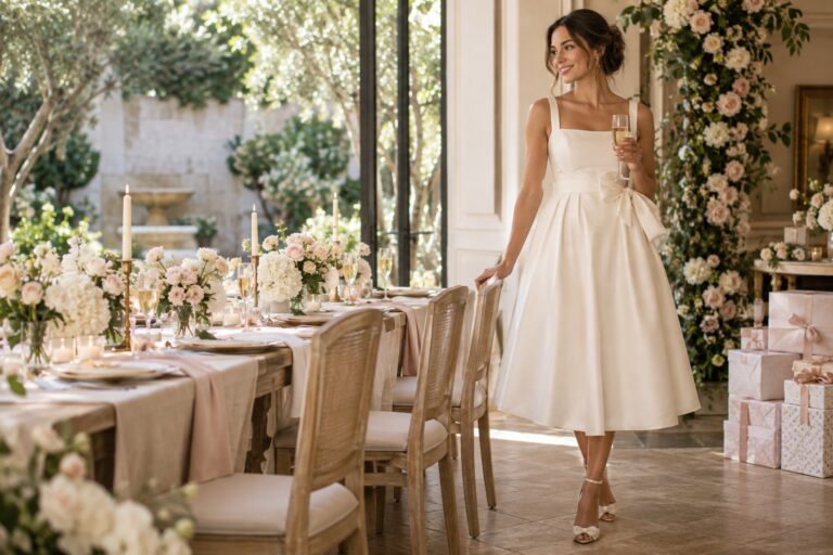 bridal shower dress for bride in an elegant ivory midi at a flower-filled shower