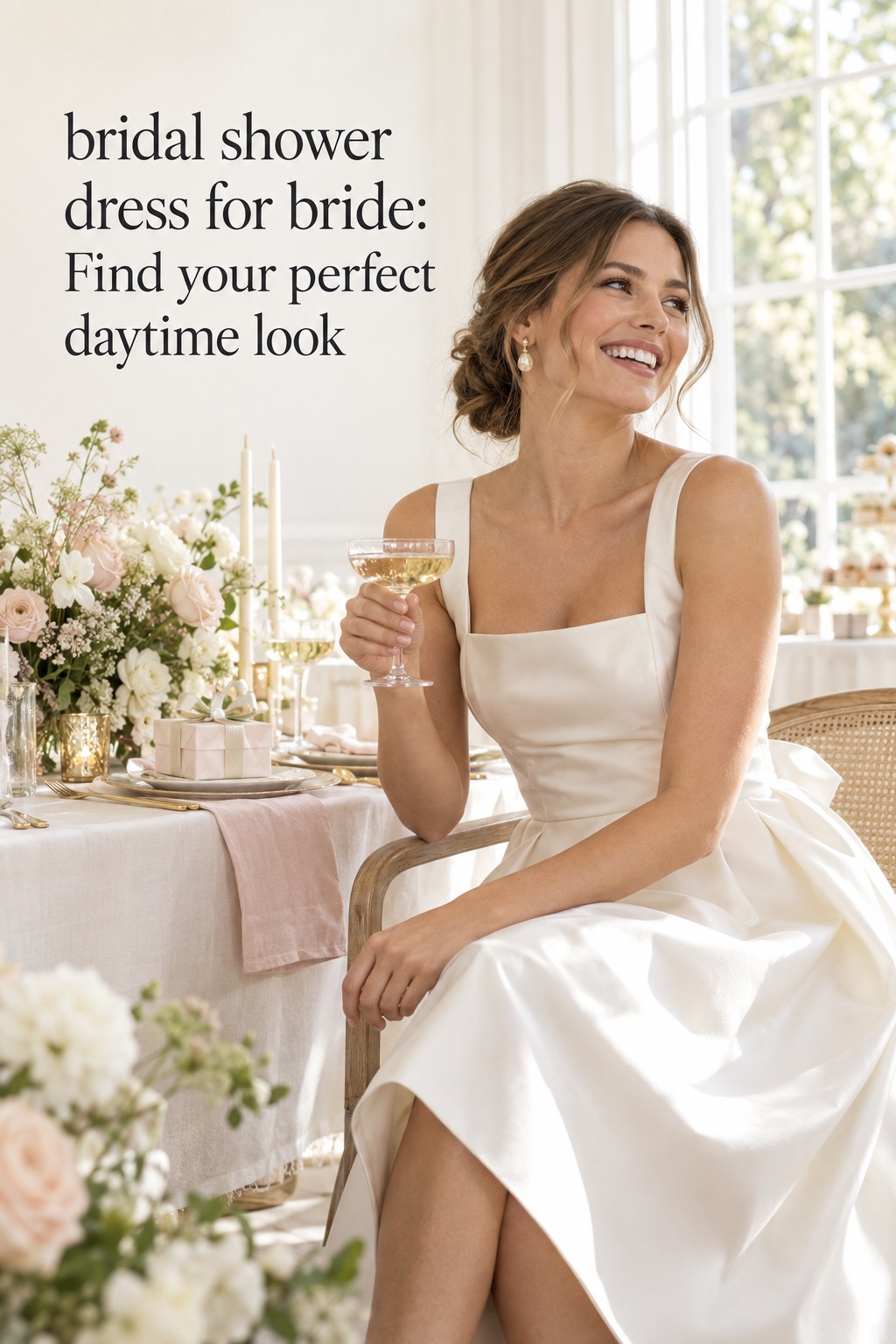 bridal shower dress for bride in ivory satin at a daytime brunch