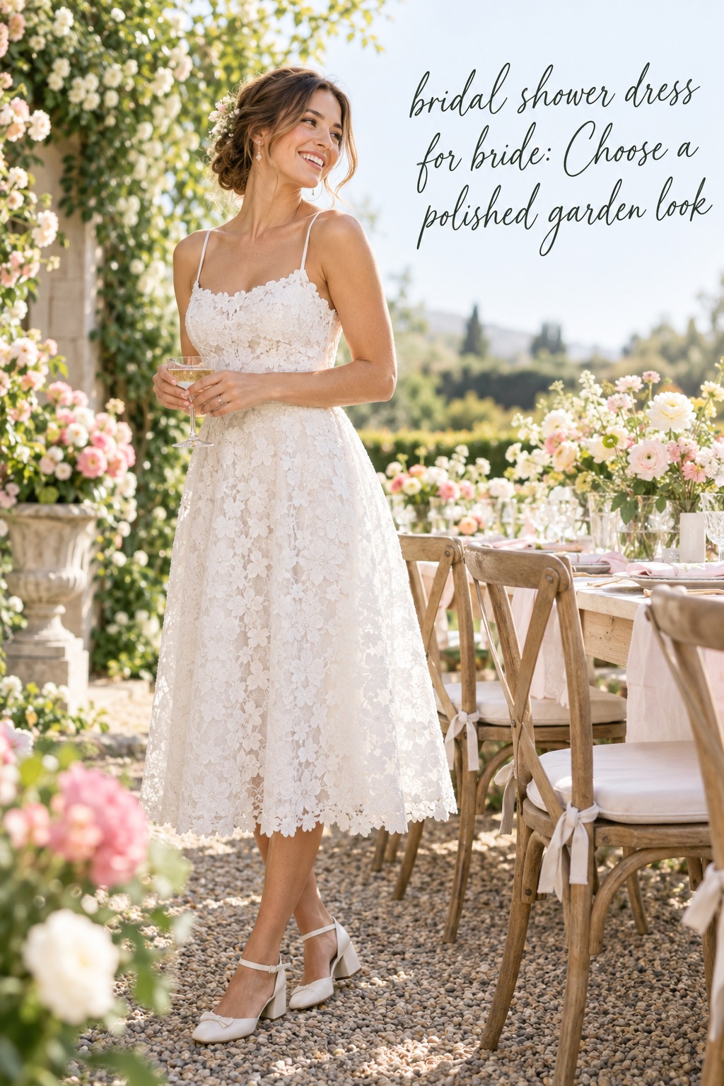 bridal shower dress for bride in romantic lace for a garden shower