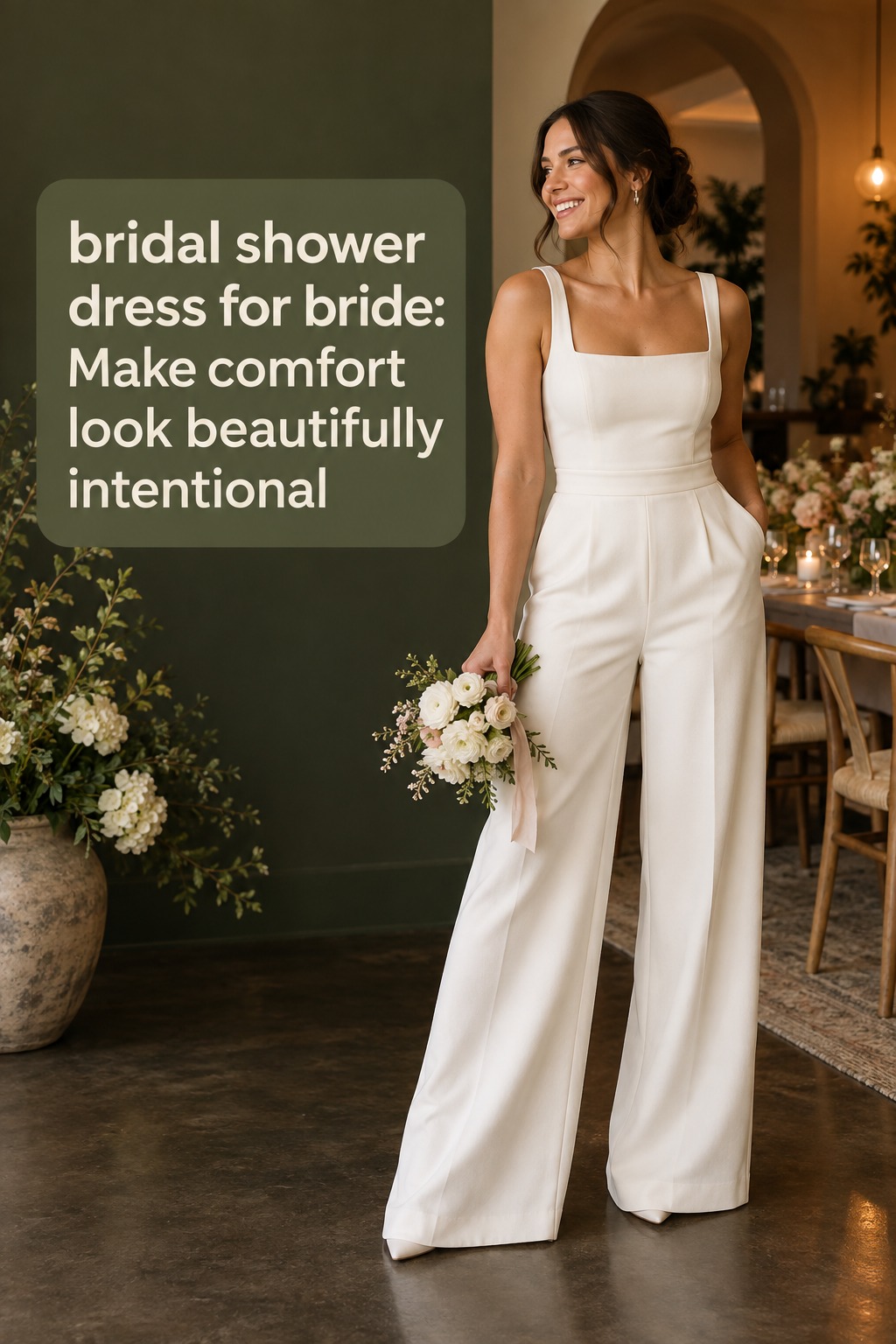 bridal shower dress for bride in a tailored ivory jumpsuit