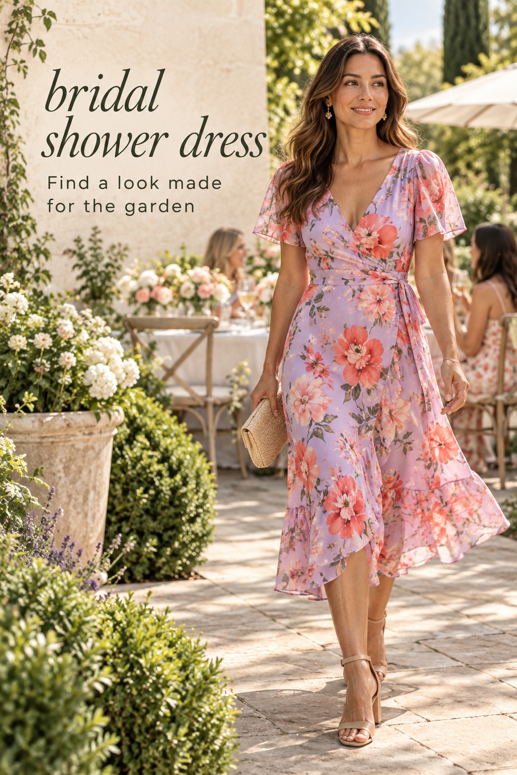 bridal shower dress in a lilac floral print at an outdoor garden shower