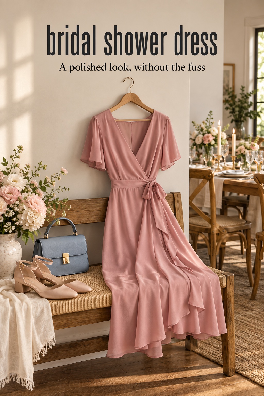 bridal shower dress styled with low heels and a small handbag