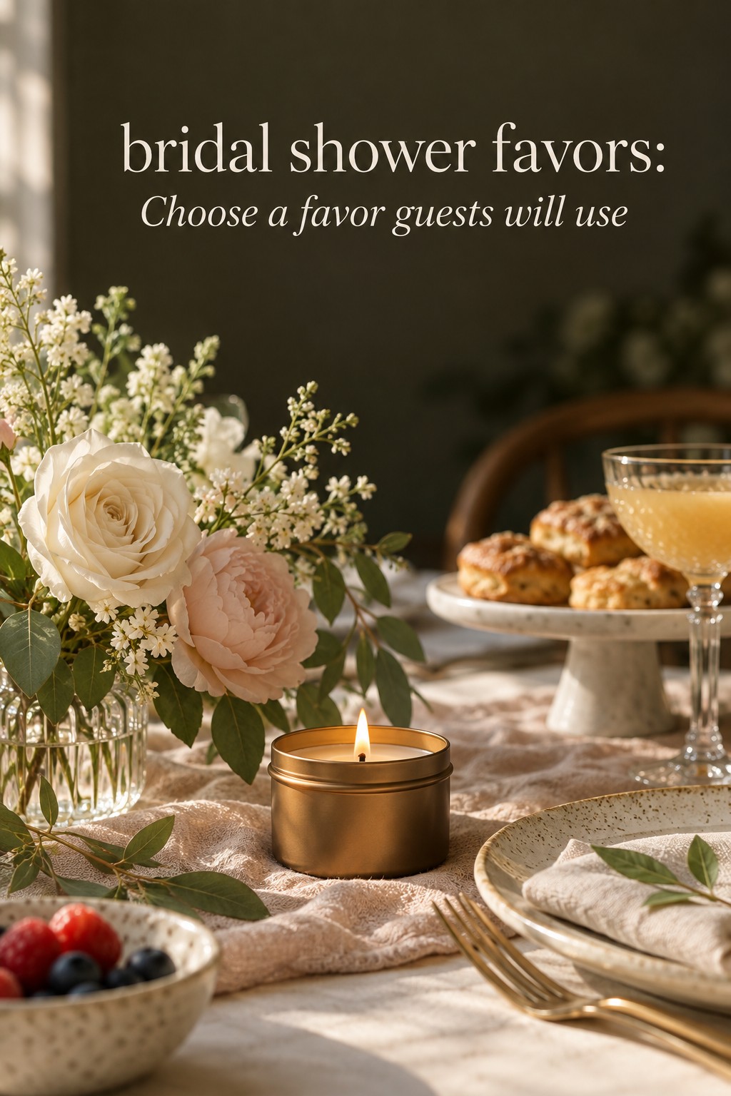bridal shower favors on a warm brunch table with a mini candle and ivory flowers