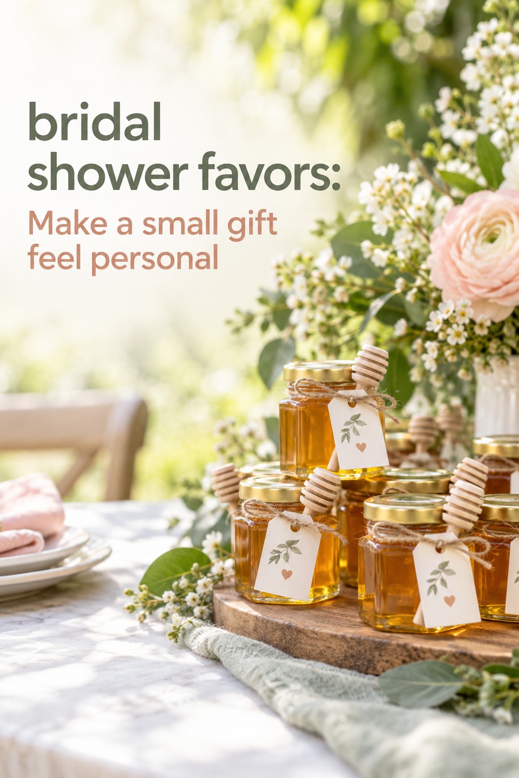 bridal shower favors with personalized honey jars and wooden dippers on a garden table