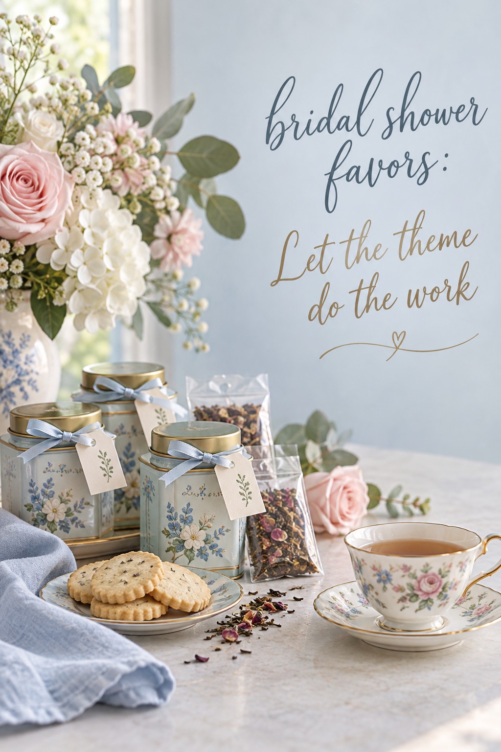 bridal shower favors with floral tea tins biscuits and a porcelain cup