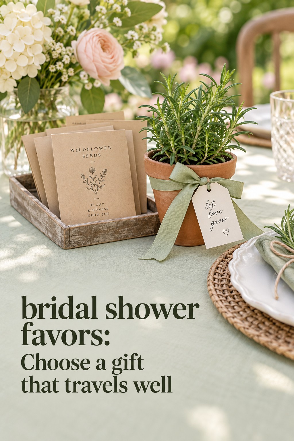 bridal shower favors with a porcelain bud vase at an ivory and navy place setting