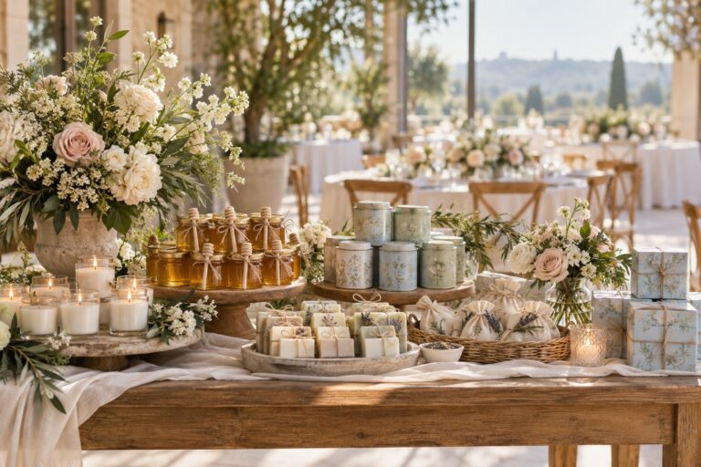 bridal shower favors displayed with candles honey jars tea tins soap and flowers