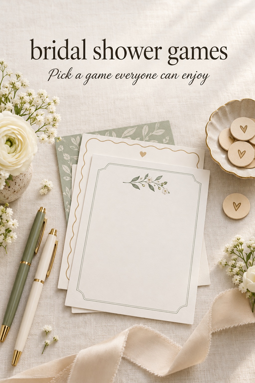 bridal shower games flat lay with cards, pens, flowers, and wooden tokens