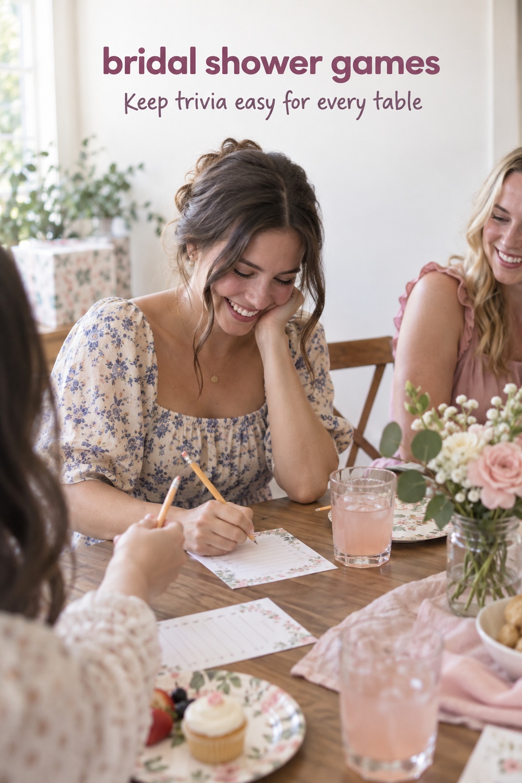 bridal shower games in a candid smartphone-style couple trivia moment at a table