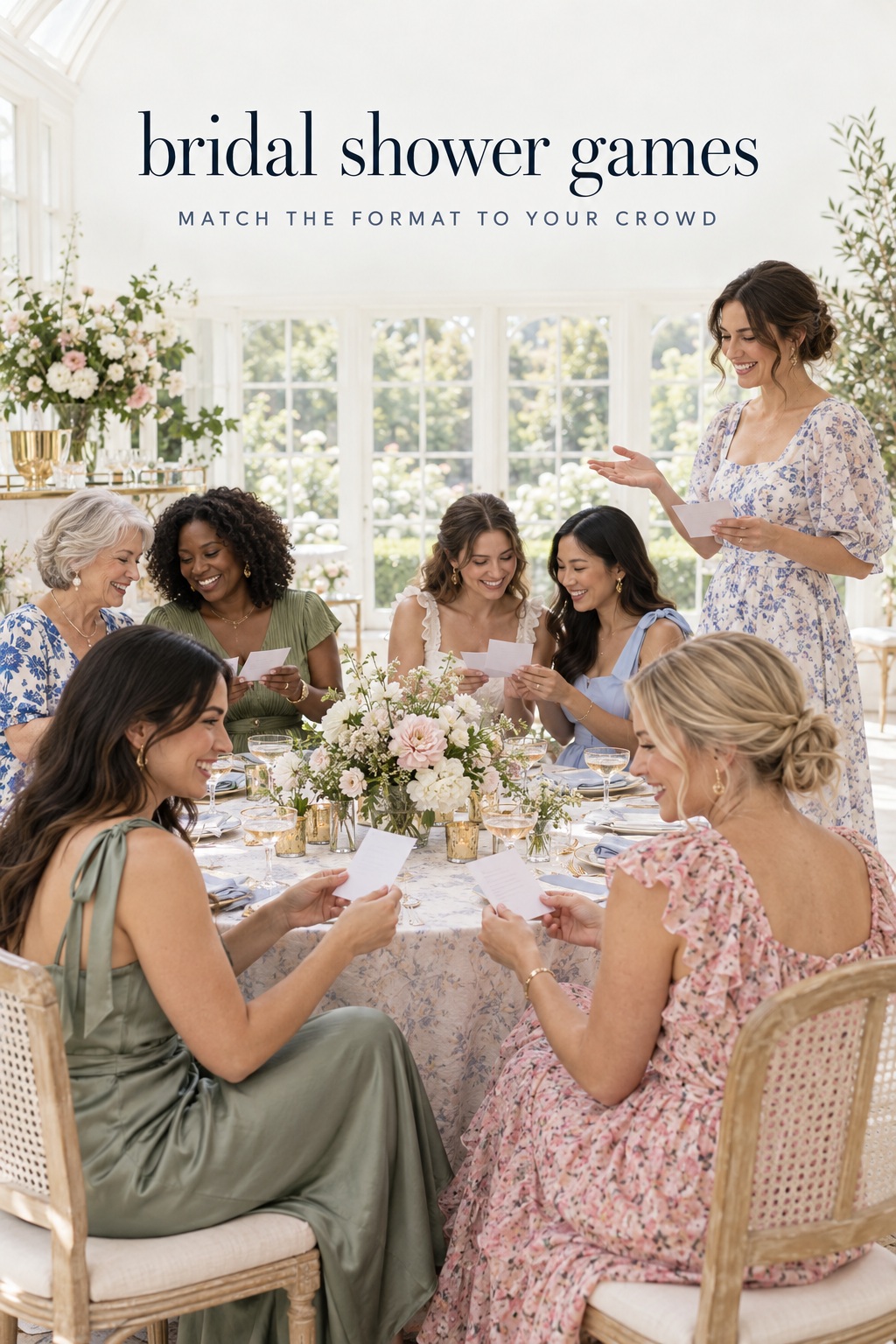 bridal shower games for a mixed-age group comparing prompt cards in a conservatory