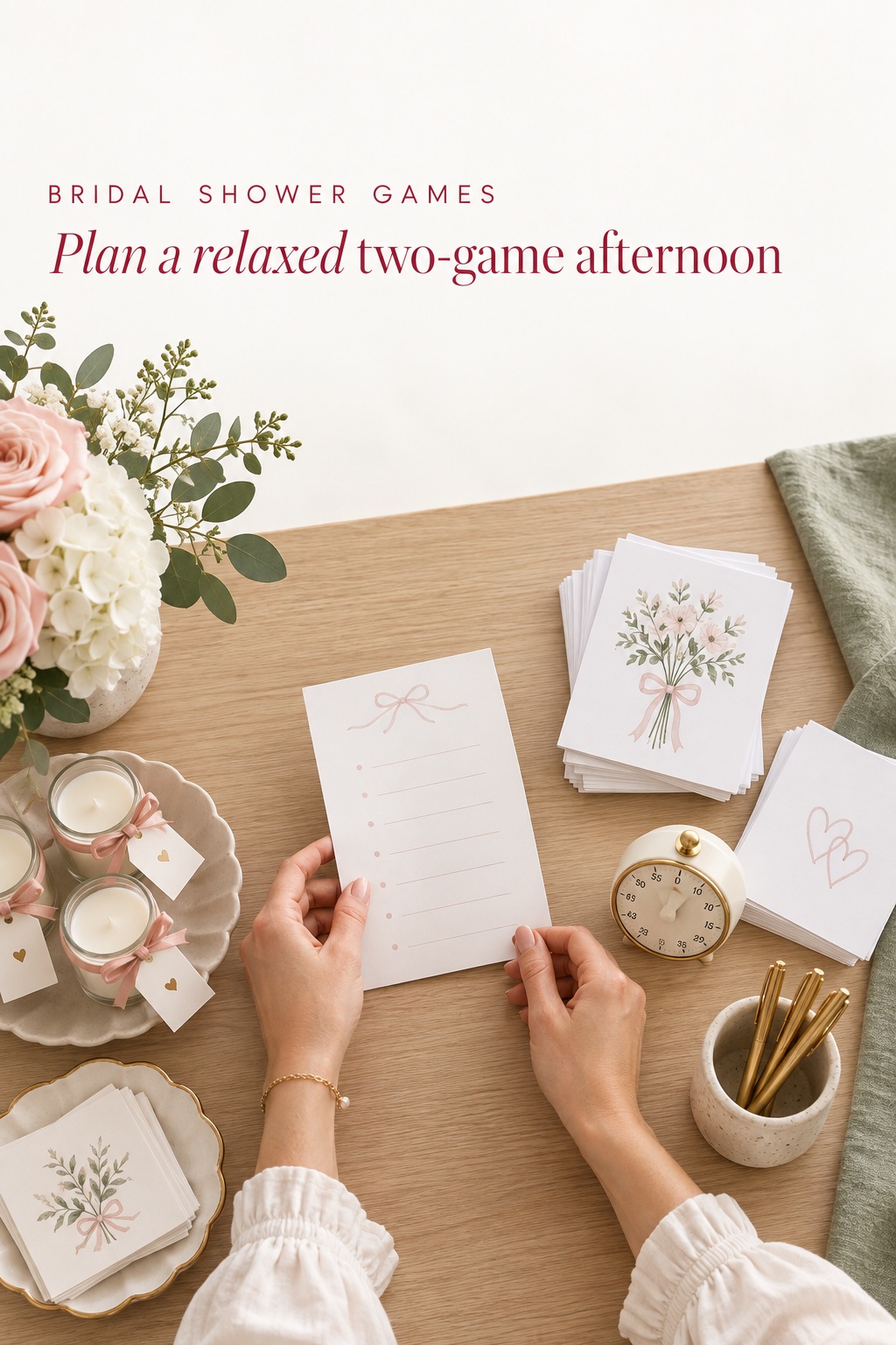 bridal shower games host plan with cards, a small timer, pens, and favor candles