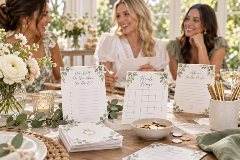 bridal shower games arranged on a garden-room table as guests share a relaxed moment