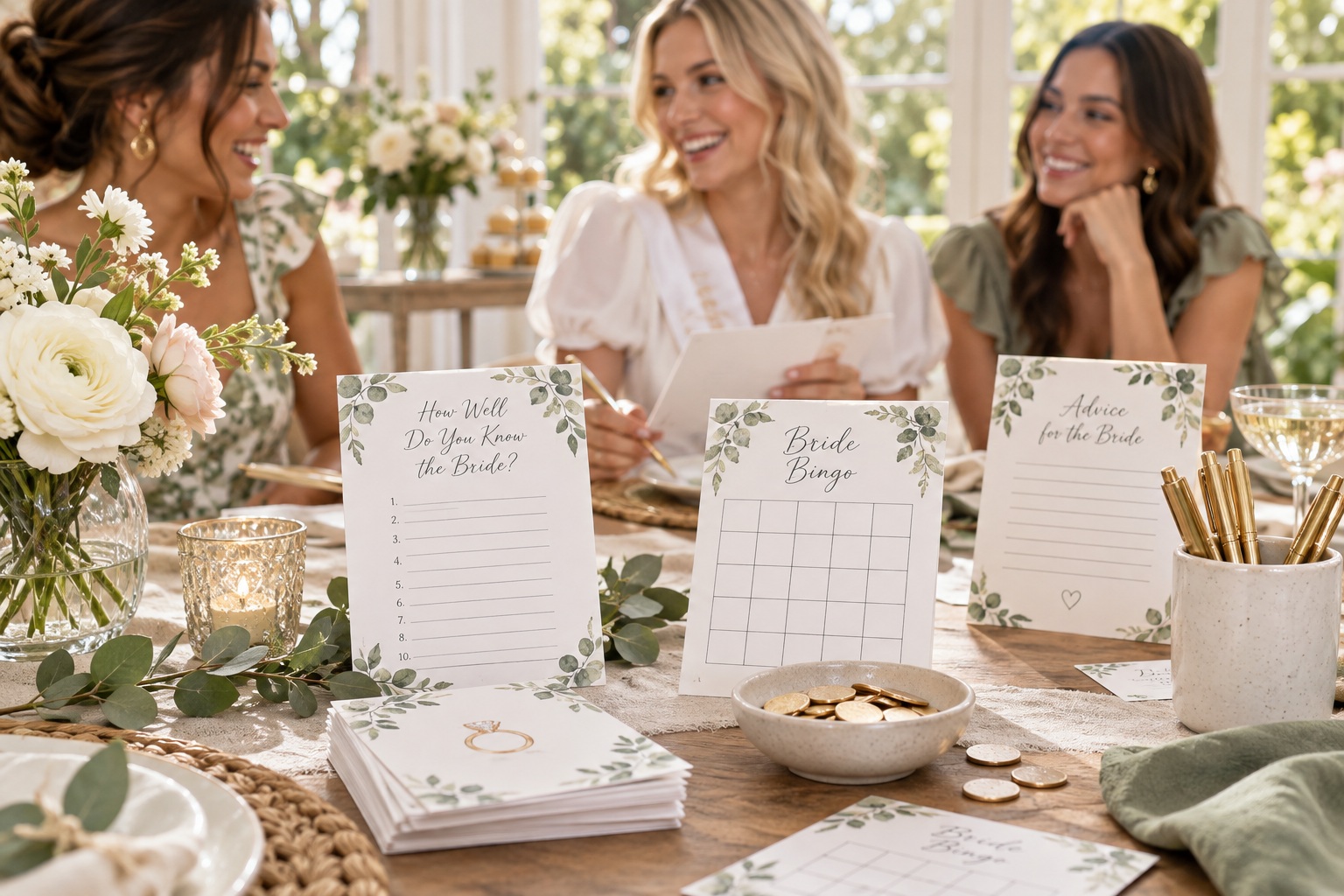 bridal shower games arranged on a garden-room table as guests share a relaxed moment