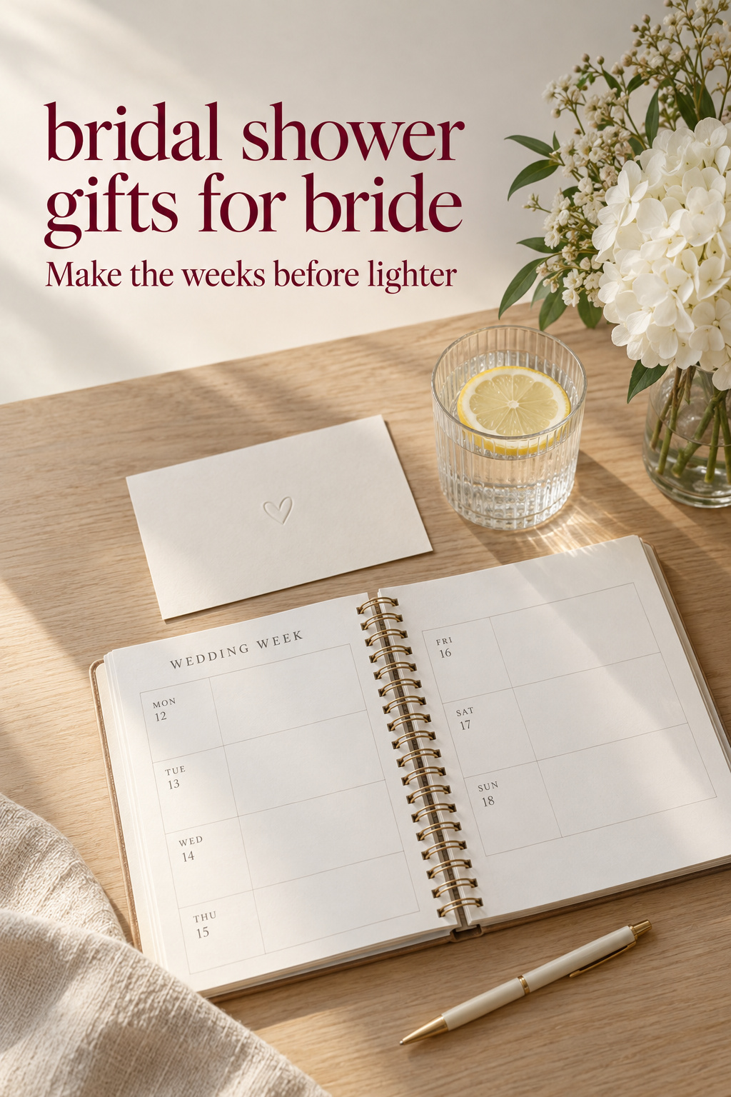 bridal shower gifts for bride on a wedding-week planner beside a note and white flowers