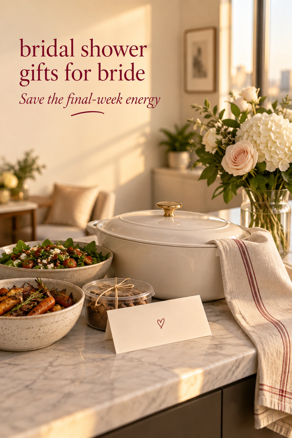 bridal shower gifts for bride with a prepared meal for the final wedding-week schedule