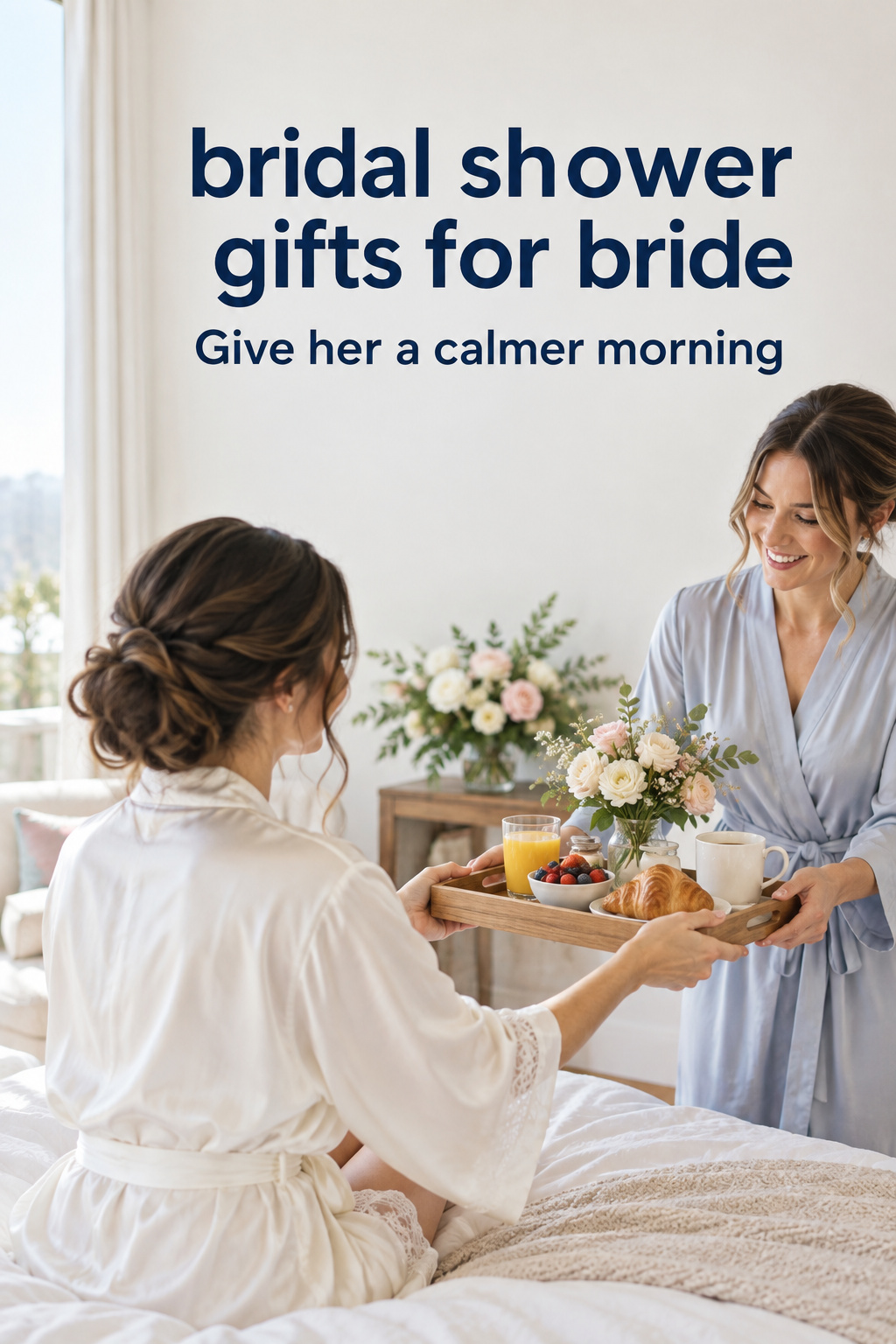 bridal shower gifts for bride as a friend brings breakfast to a bride on her wedding morning
