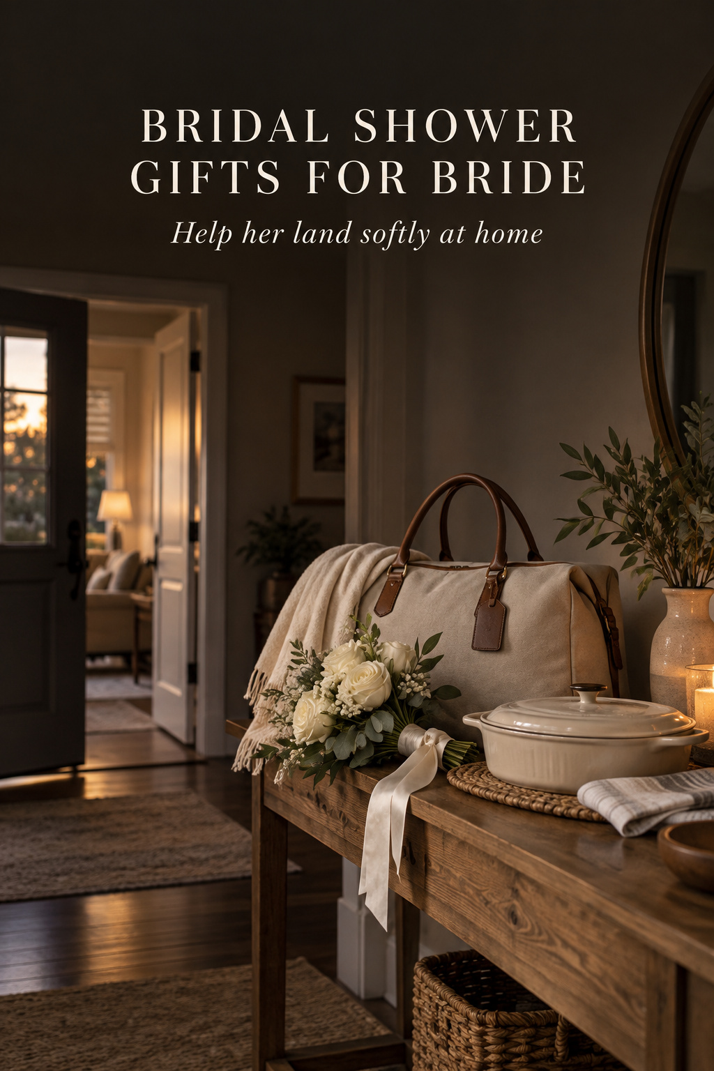 bridal shower gifts for bride beside a travel bag, bouquet, and ready meal at home