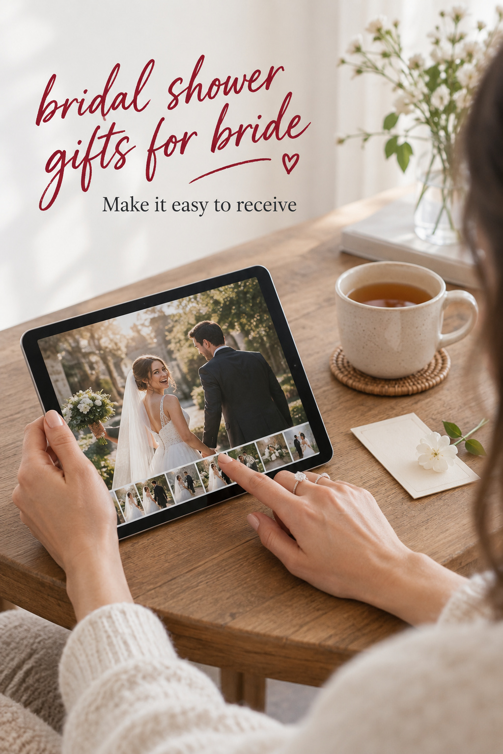bridal shower gifts for bride with hands choosing a wedding photograph for printing