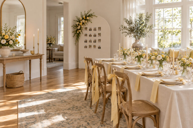 Wide bridal shower room with coordinated flowers, linens, and yellow accents
