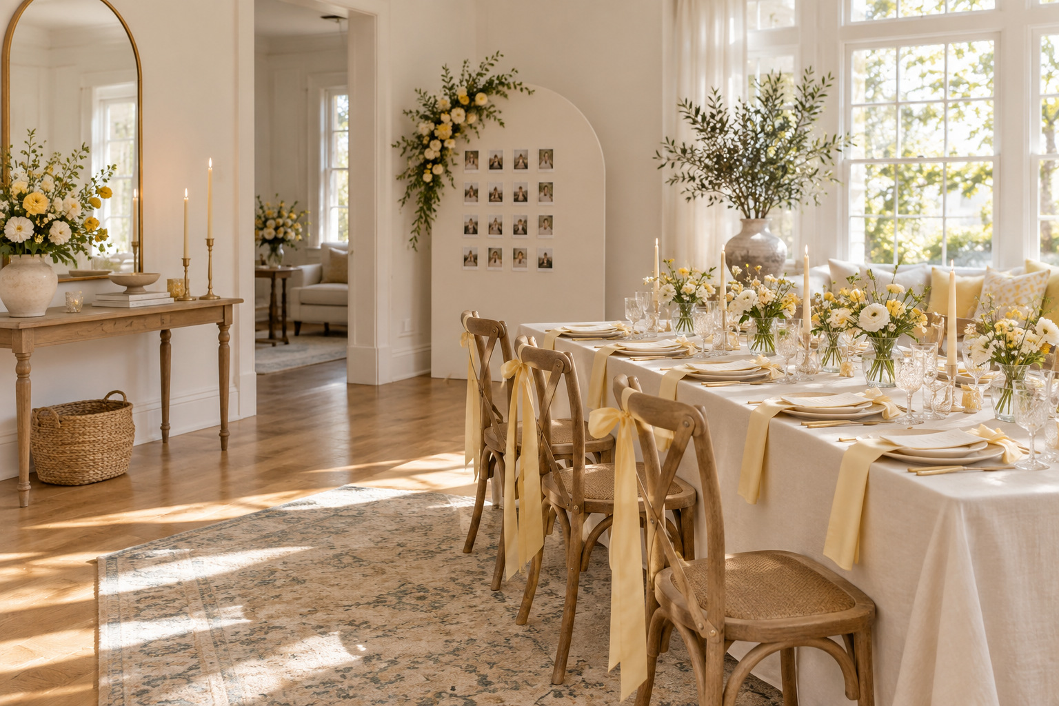Wide bridal shower room with coordinated flowers, linens, and yellow accents