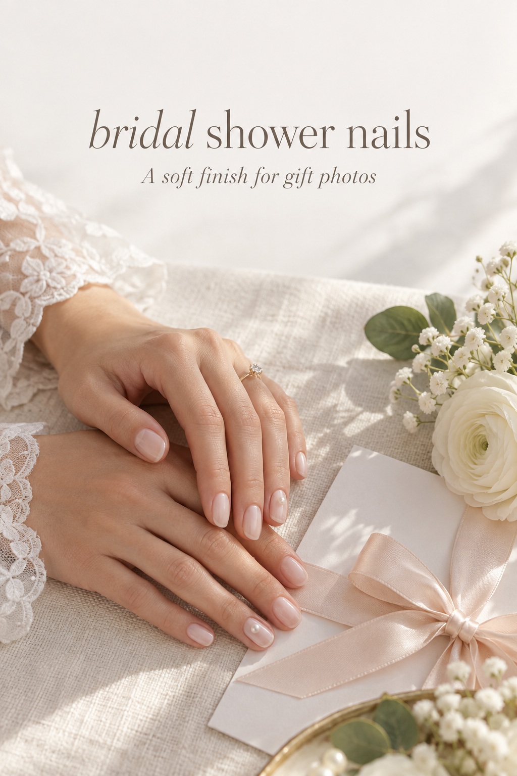 bridal shower nails in sheer blush with a pearl accent