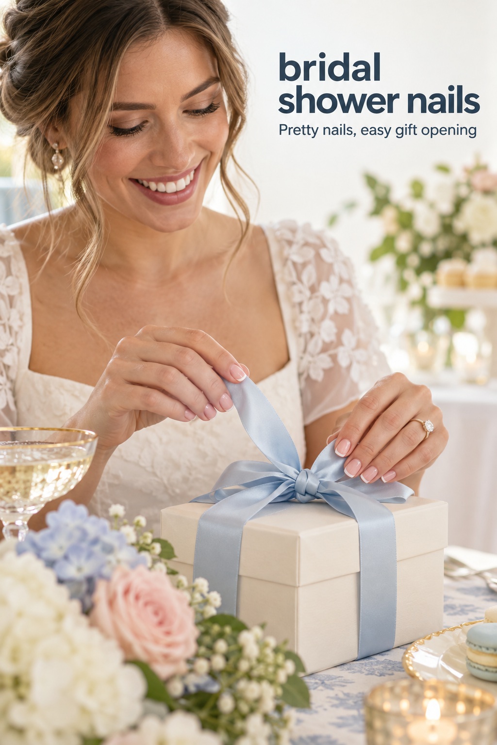 bridal shower nails with a rosy nude micro-French manicure opening a gift