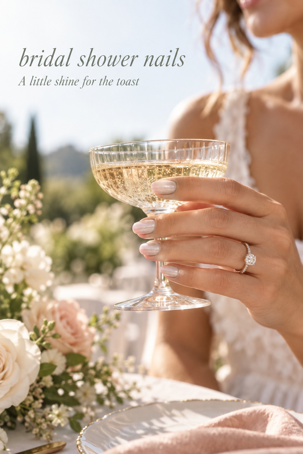 bridal shower nails with a sheer pink chrome sheen holding a toast