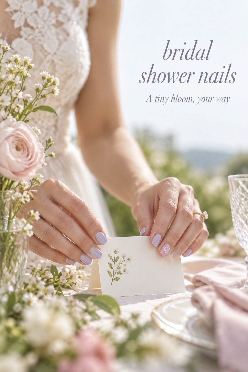 bridal shower nails in pale lilac with a tiny floral accent