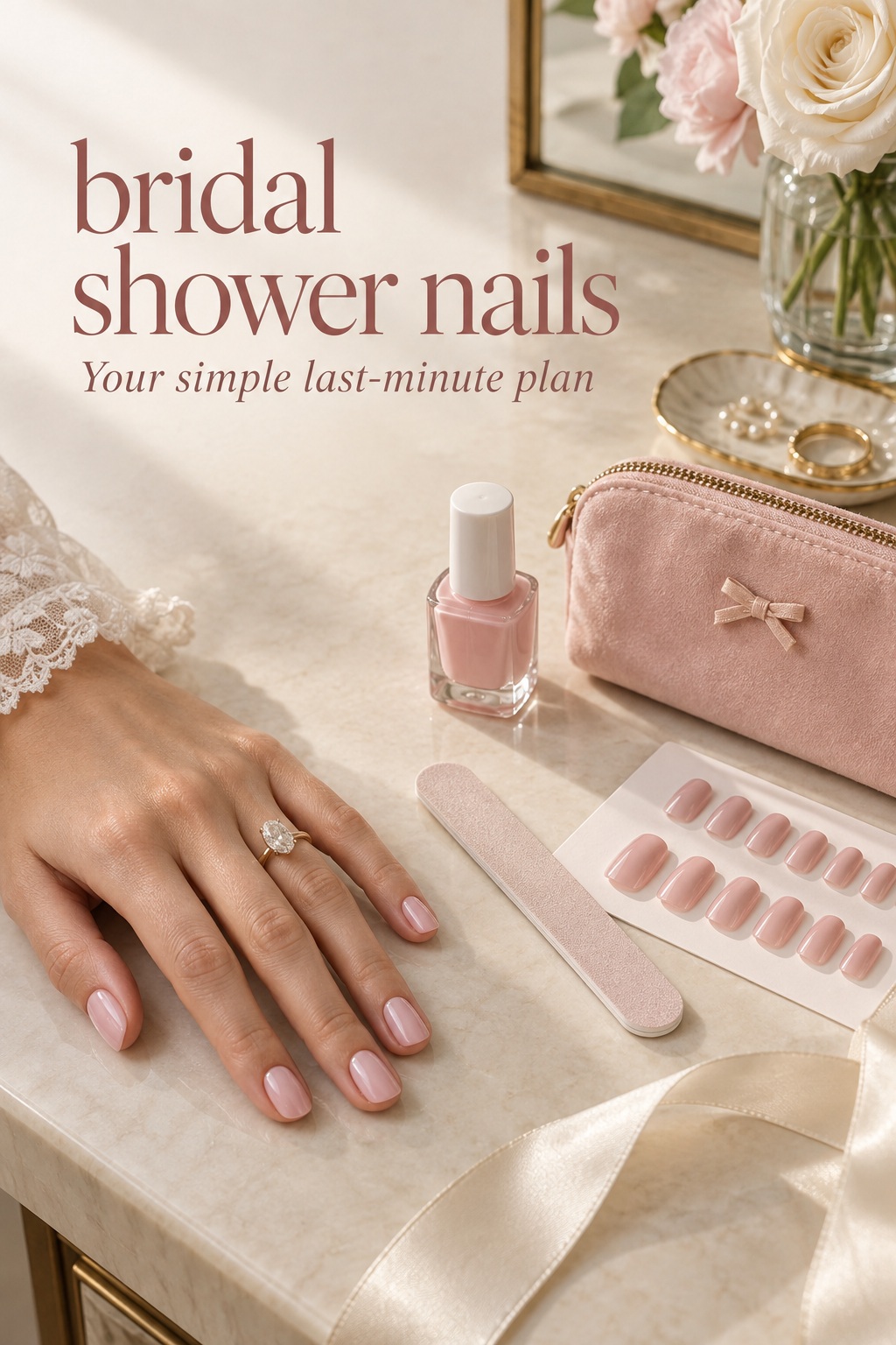 bridal shower nails with a simple polish and press-on touch-up plan