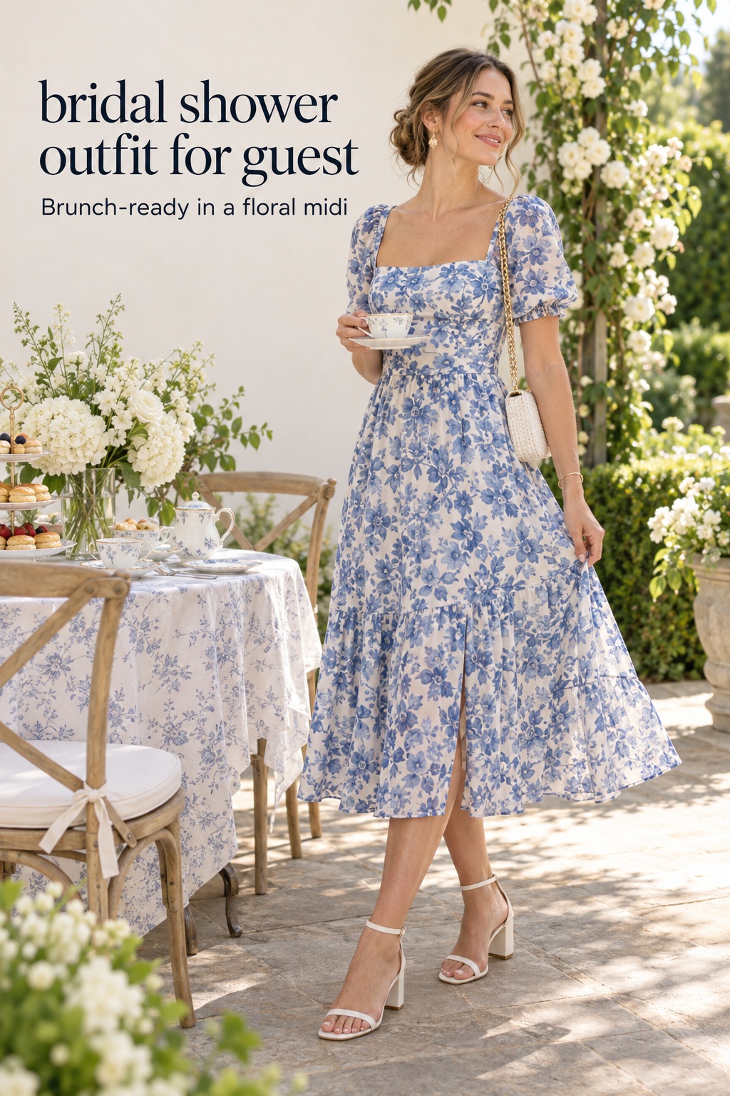 bridal shower outfit for guest in a blue floral midi dress at a garden brunch