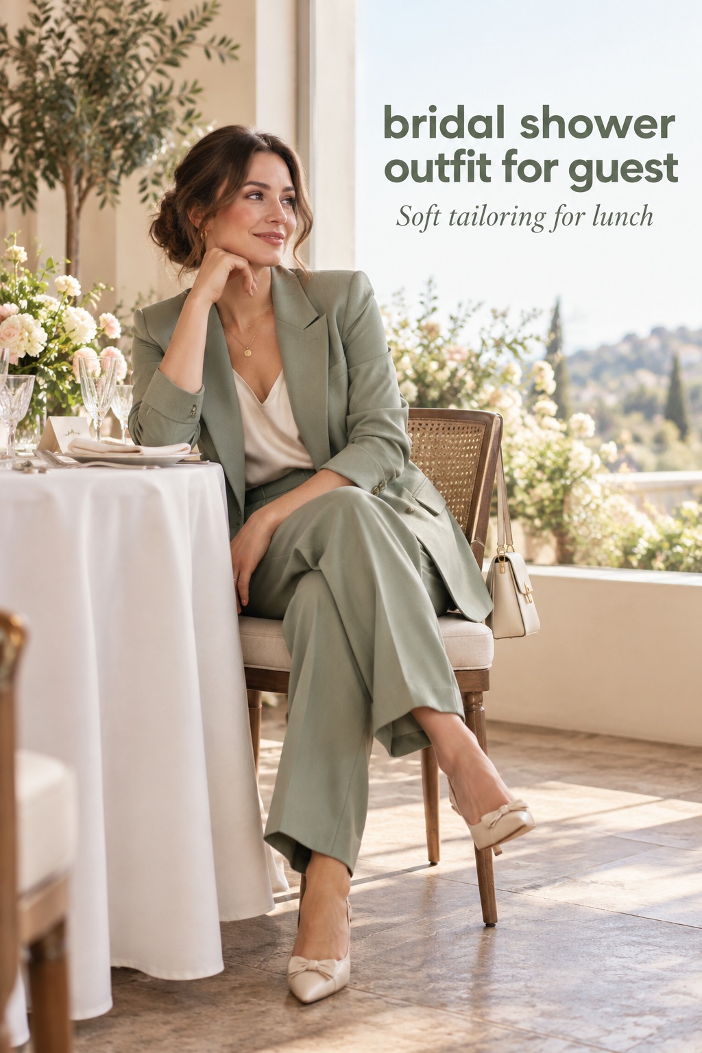 bridal shower outfit for guest in a sage suit at a restaurant lunch