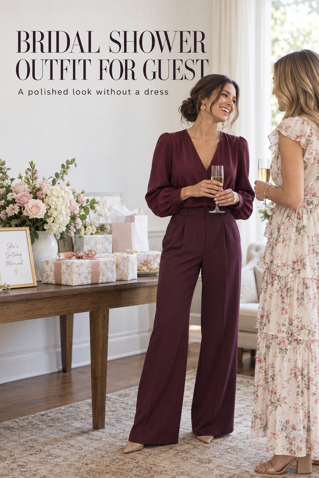 bridal shower outfit for guest featuring a plum jumpsuit at an intimate home shower