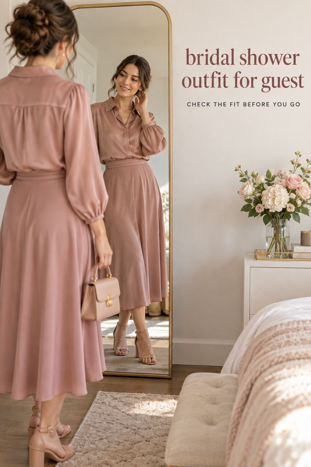 bridal shower outfit for guest in a dusty rose skirt set checked in a mirror