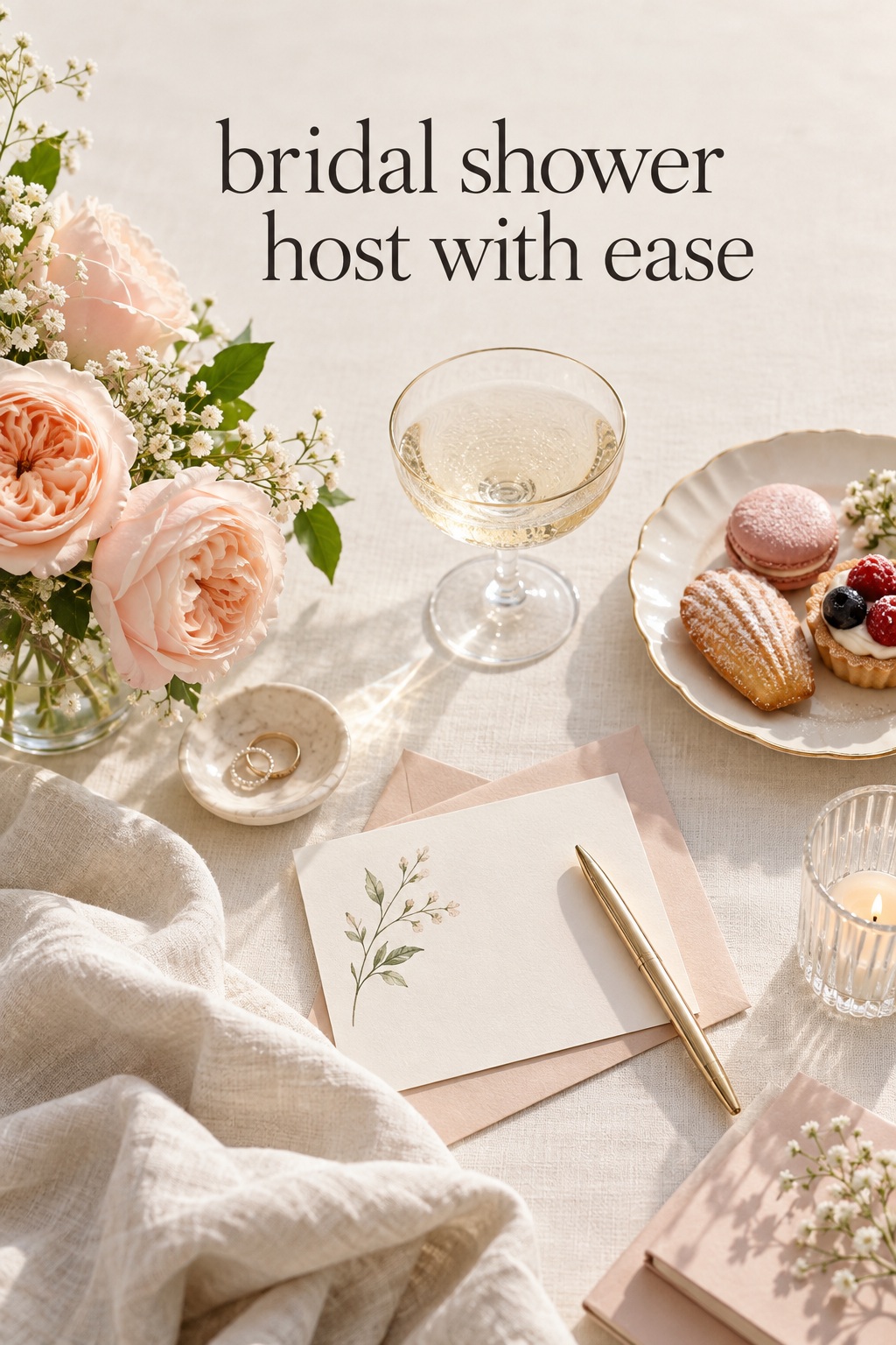 Bridal shower planning flat lay with flowers, invitation, pastries, and glassware