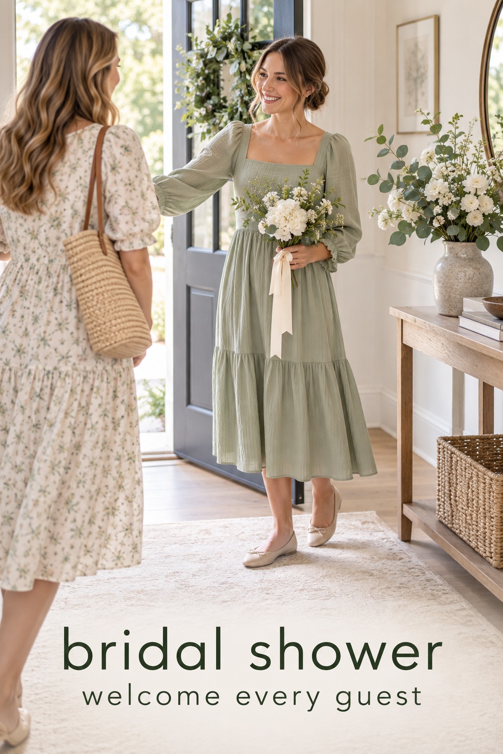 Bridal shower co-host welcomes a guest in a sage dress
