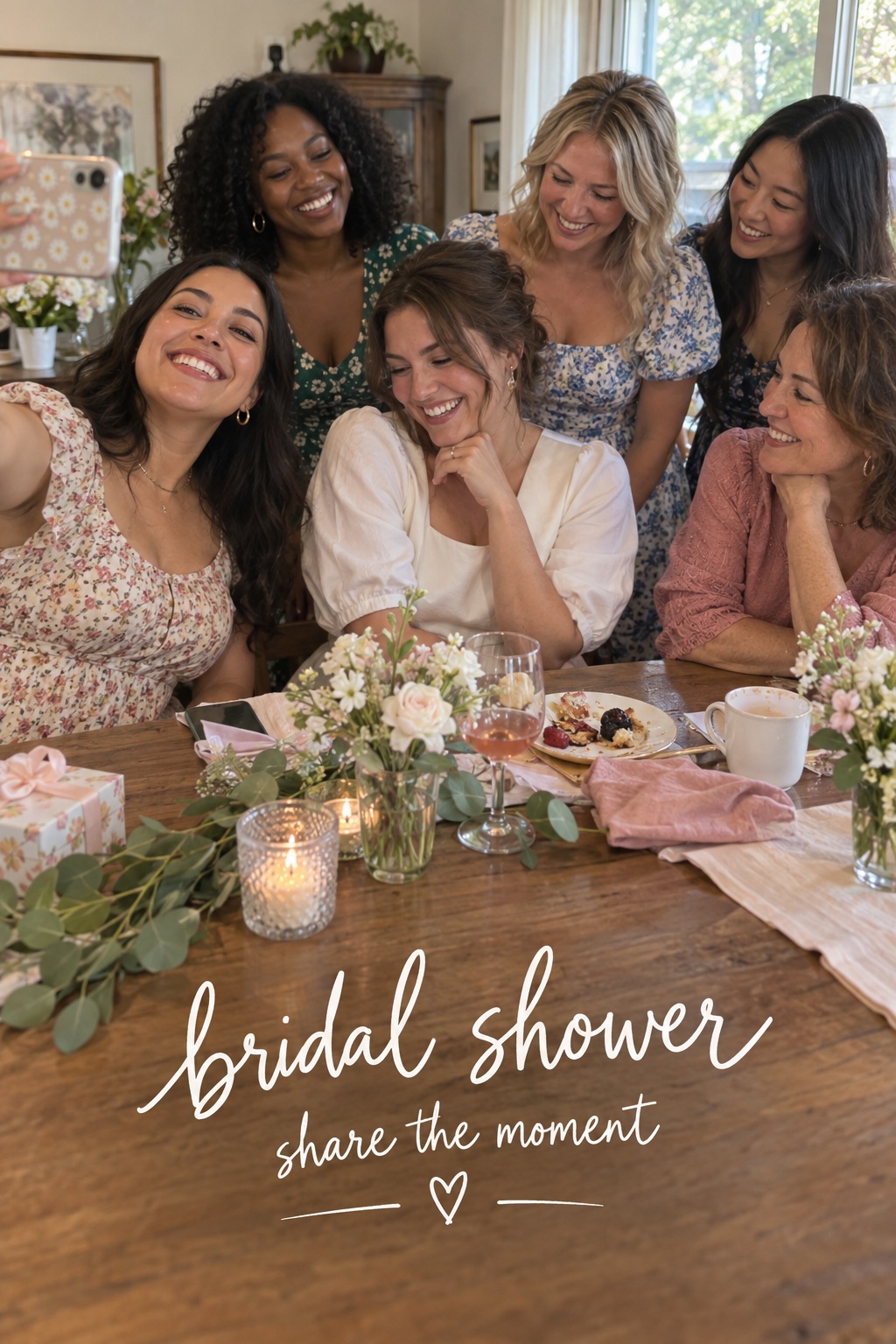 Bridal shower guests share a candid smartphone moment at home