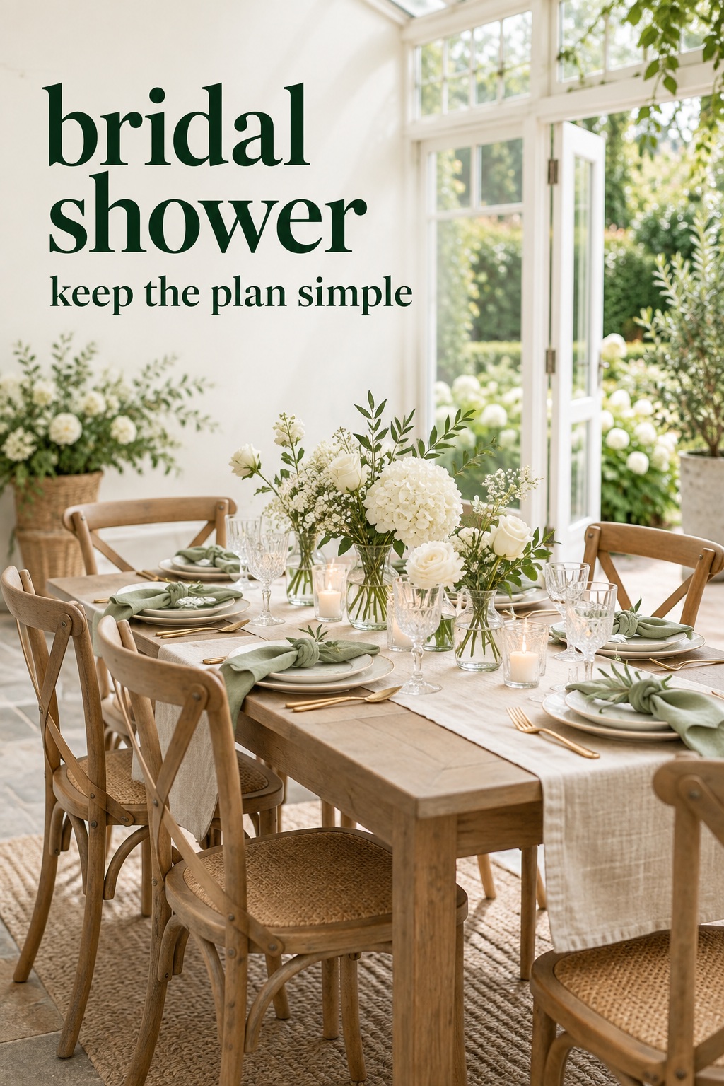 Bridal shower table set for guests in a sunlit conservatory