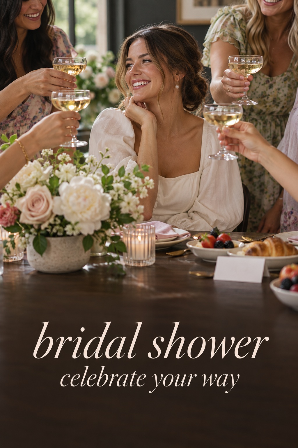 Bridal shower guests toast the honoree around a table
