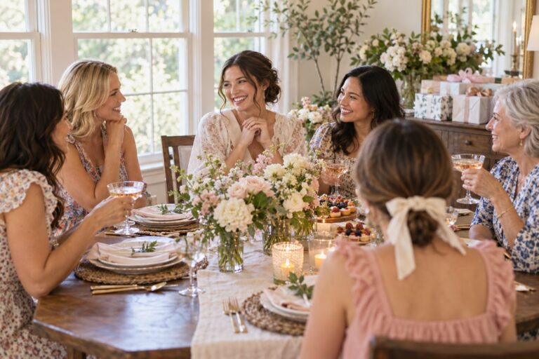 Friends and family gather for a warm bridal shower at a sunlit dining table