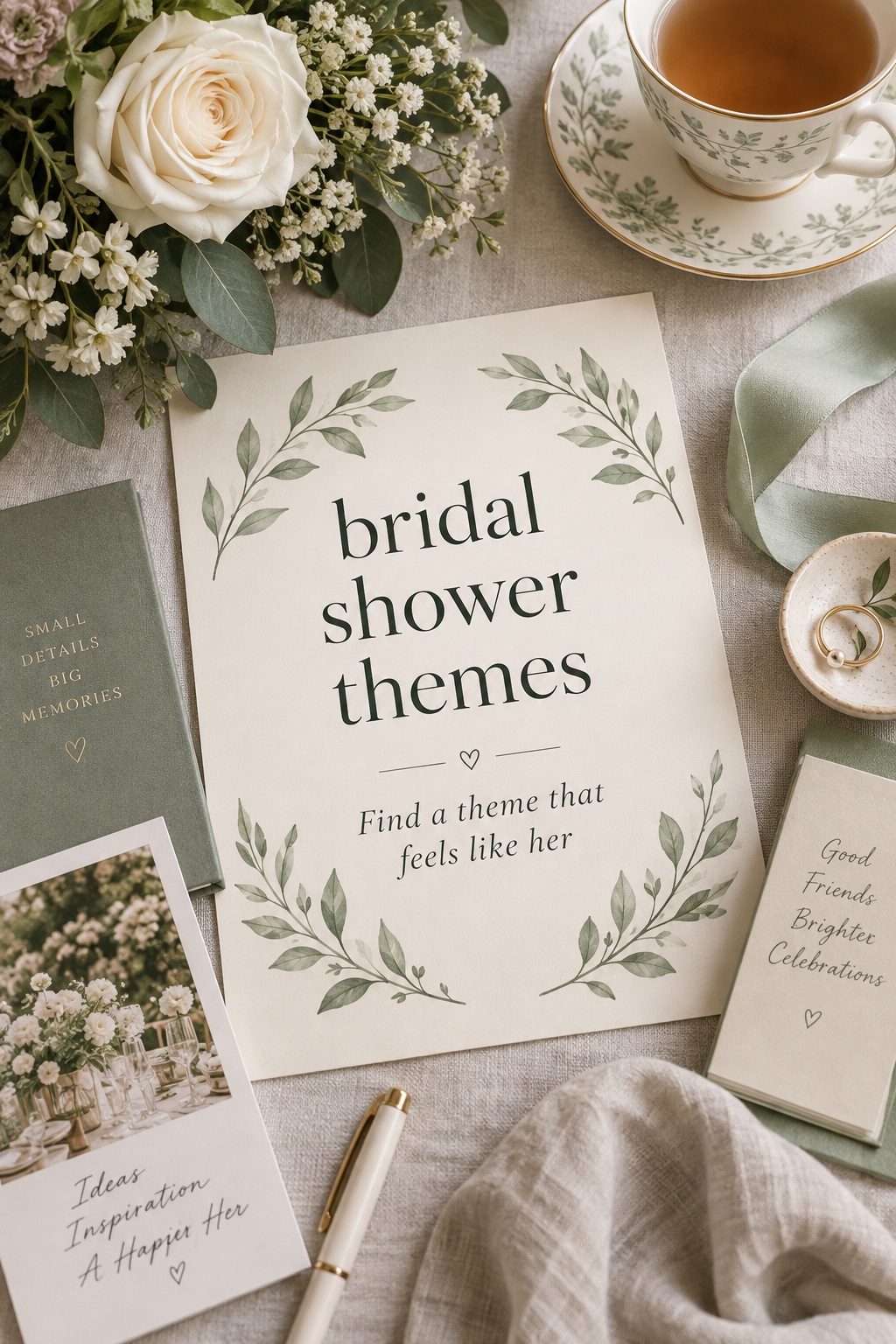 bridal shower themes invitation flat lay in sage and cream with tea and flowers