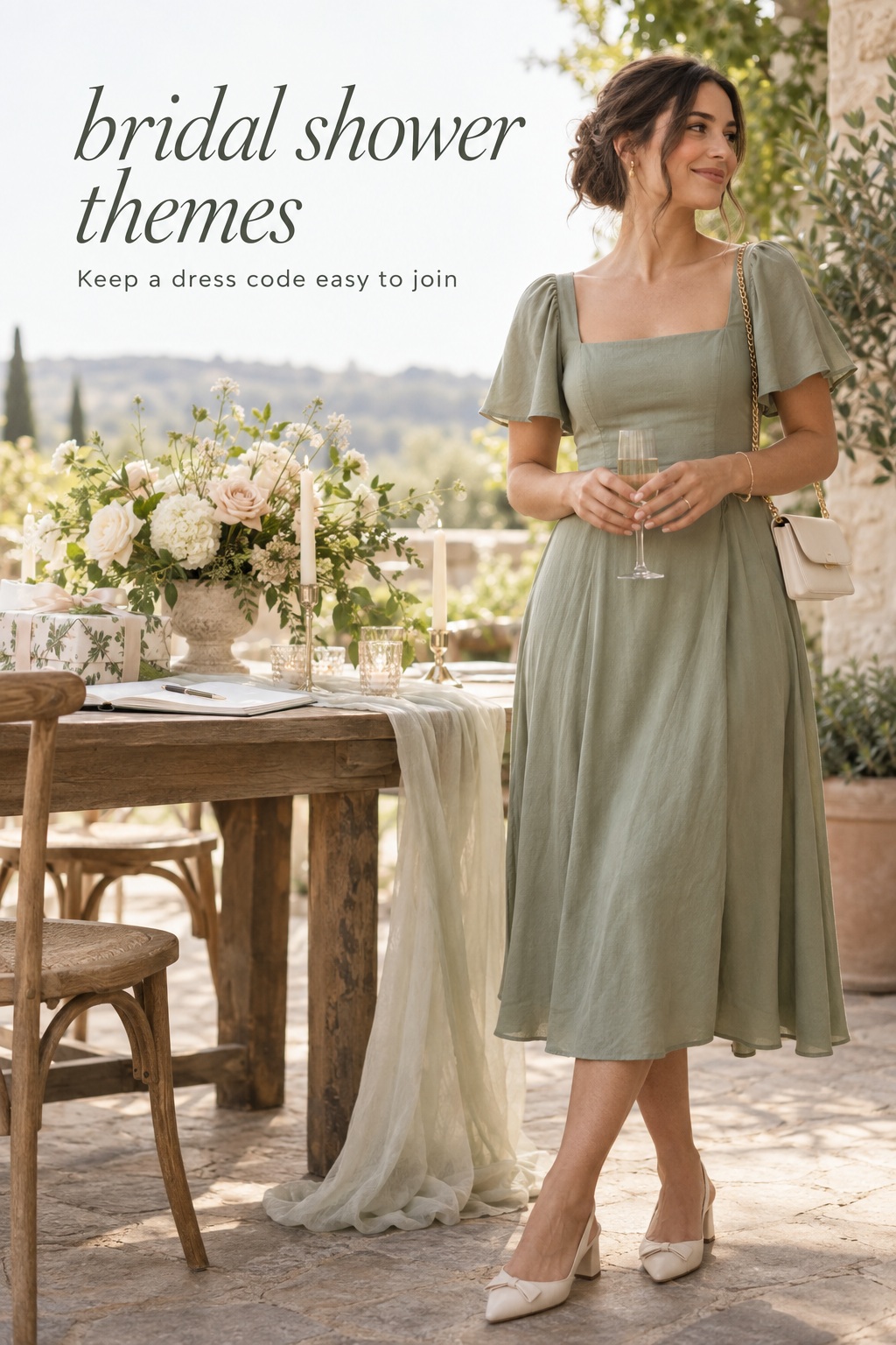 bridal shower themes with a sage guest dress and welcoming garden table
