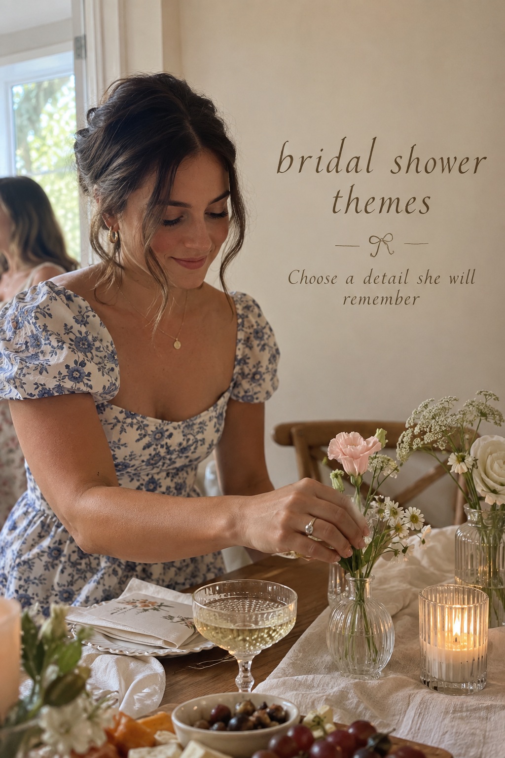 bridal shower themes in a candid moment arranging flowers at a small table