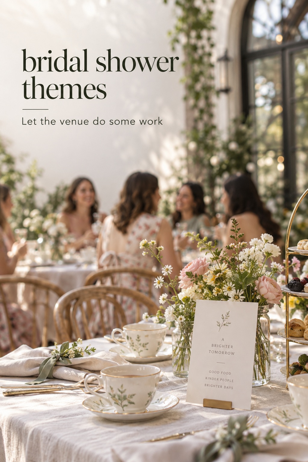 bridal shower themes in a bright tea room with flowers and a simple table