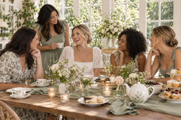 bride celebrating with guests at a bright garden room bridal shower